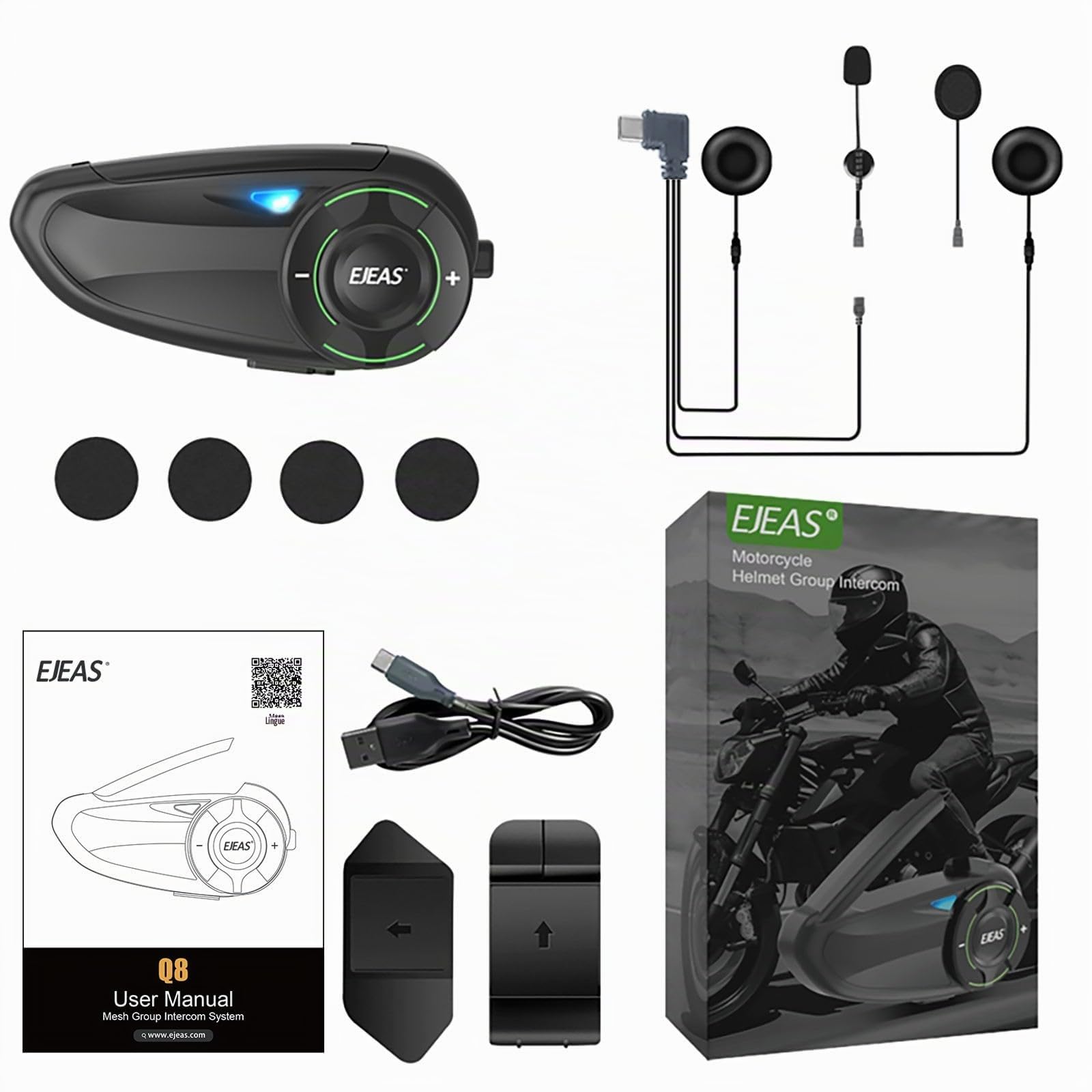 EJEAS Q8 Mesh 3.0 Sistema di Comunicazione Interfono Moto, Interfono Casco Moto Bluetooth 5.1 con Riduzione del Rumore CVC e Condivisione di Musica per 6 Motociclista (Confezione da 1)