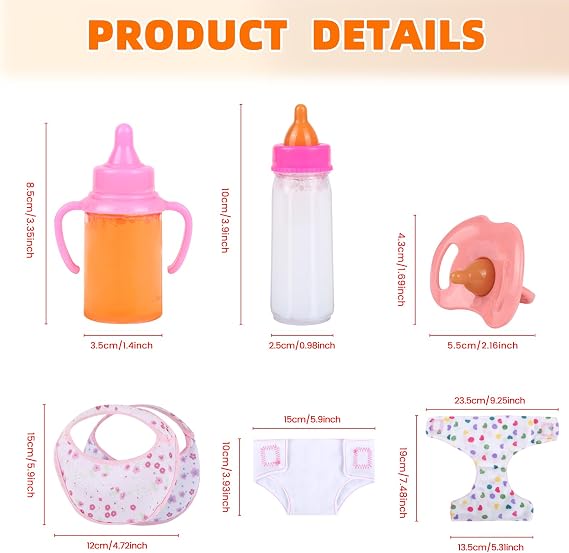 CARANOVO Baby Doll Accessories Set 7 Pcs Feeding and Caring Set with Magic Disappearing Bottles, Pacifier, Diapers and Bibs Doll Pretend Play Gift for Kids | Magic Disappearing Bottle, Pacifier, Reusable Diapers and Bibs, Pretend Play, Creative Play, Gift Set, Kids Ages 3+