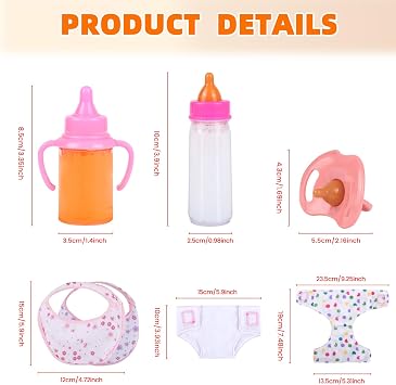 CARANOVO Baby Doll Accessories Set 7 Pcs Feeding and Caring Set with Magic Disappearing Bottles, Pacifier, Diapers and Bibs Doll Pretend Play Gift for Kids | Magic Disappearing Bottle, Pacifier, Reusable Diapers and Bibs, Pretend Play, Creative Play, Gift Set, Kids Ages 3+