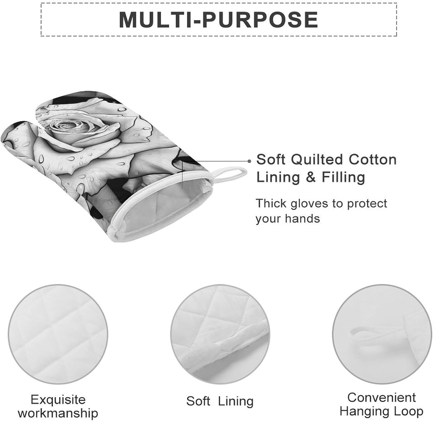2 Pcs Oven Mitts Heat Resistant Kitchen Gloves Soft Safety Black White Rose Oven Glove for Microwave, Barbecue