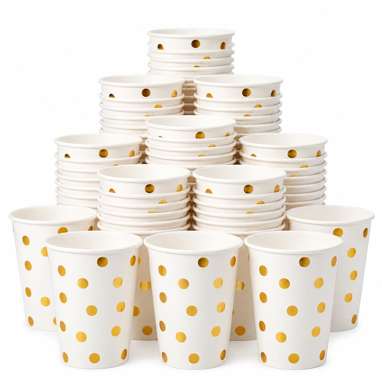 MIVARA 200 White Gold Polka Dot Paper Cups 9oz Party Cups Birthday Wedding