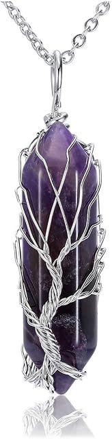 CrystalTears Natural Healing Crystal Stone Necklace Silver Tree of Life Wire Wrapped Hexagonal Crystal Points Pendant Necklace for Women