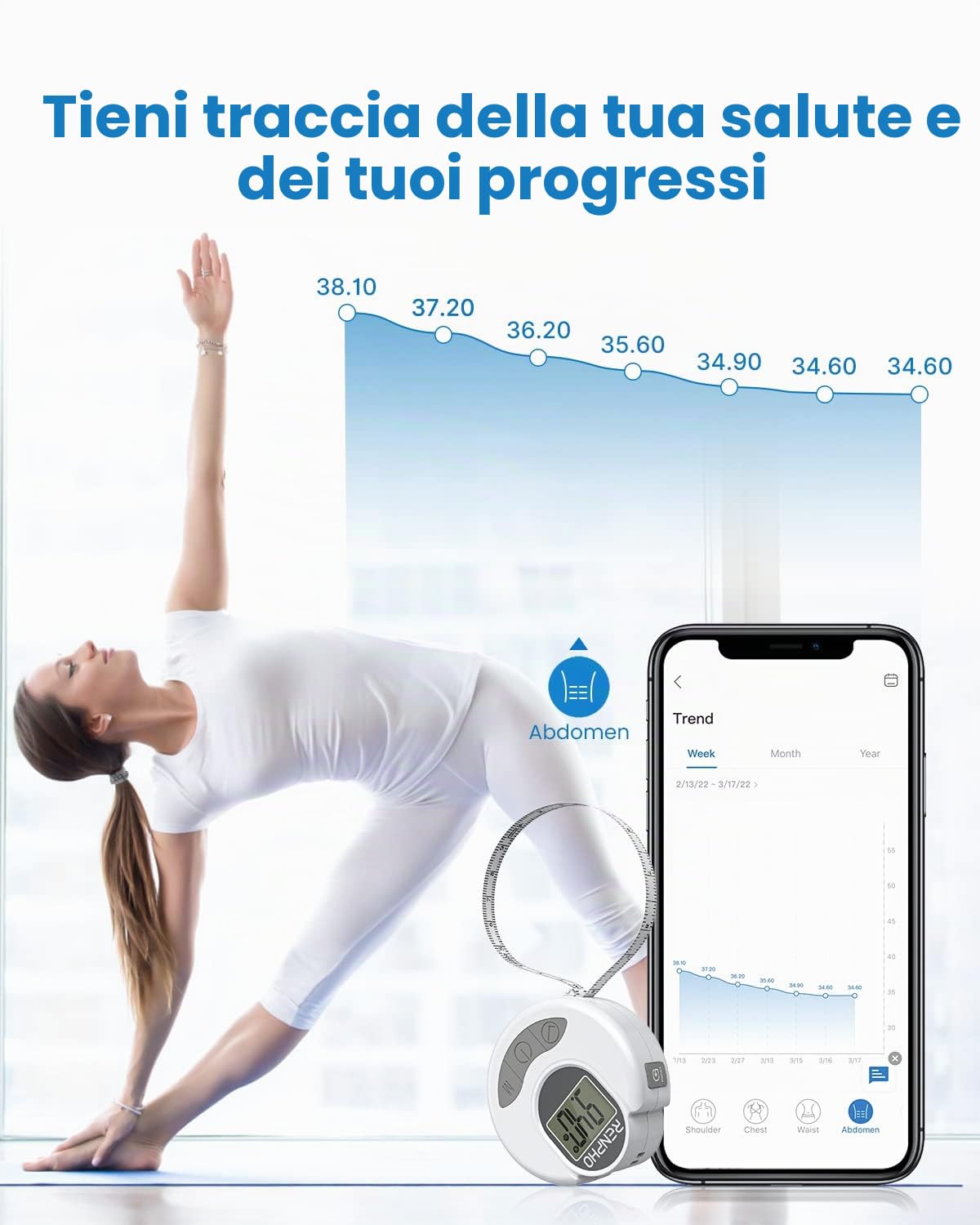 RENPHO Metro Sarta Smart a Nastro Digitale, Misurazione Bluetooth, Perdita di Peso, Aumento Muscolare, Retrattile, Misura Delle Circonferenze Del Corpo
