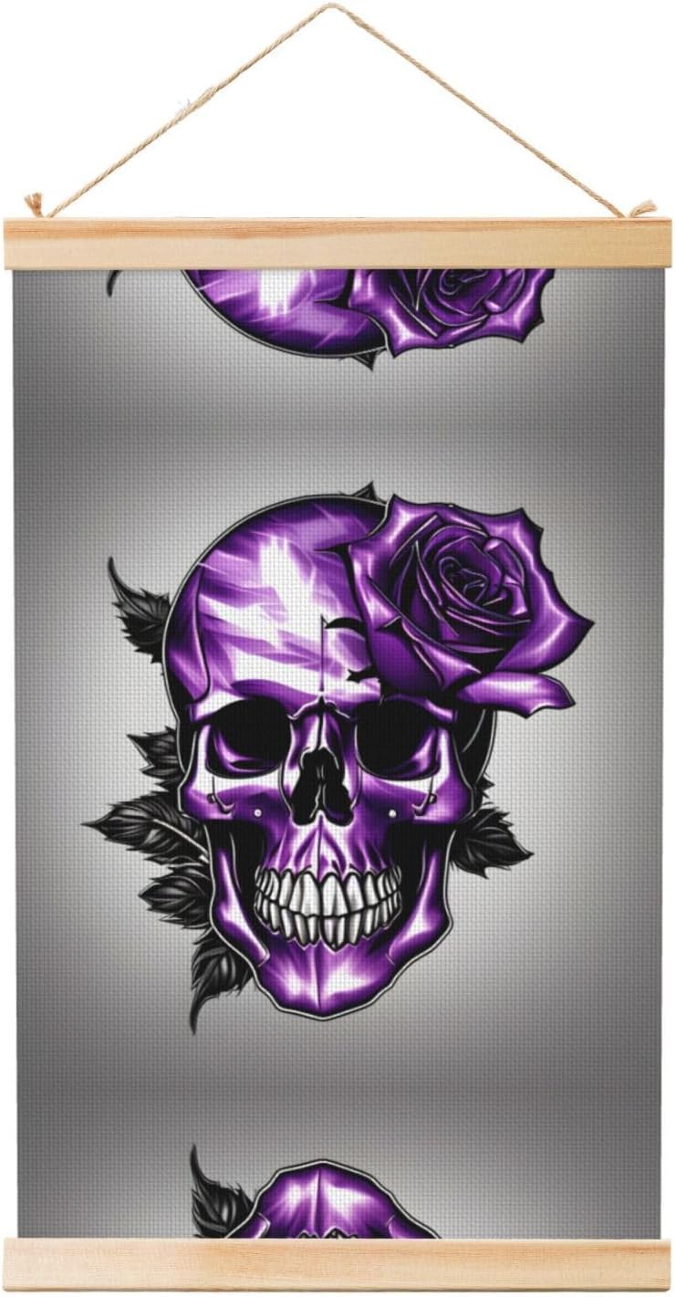 Purple Rose And Skull Print Poster Hanger,Hanging Poster, Poster Frame,Wood Poster Hanger, For Wall Hanging
