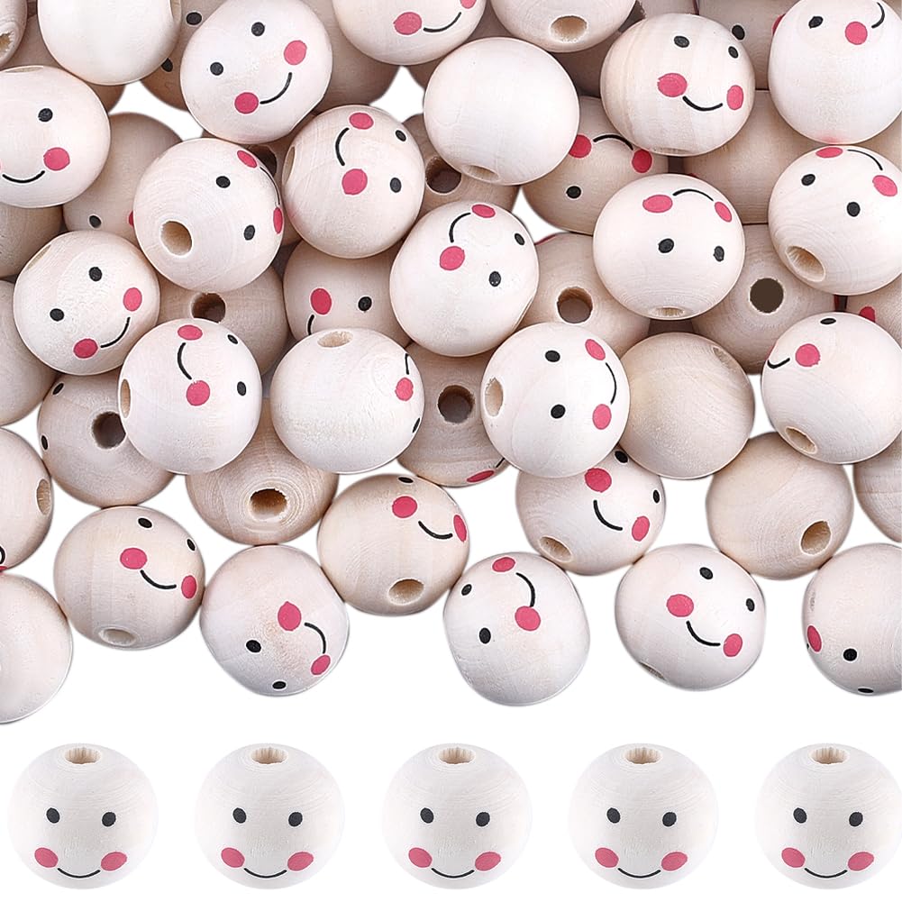 GORGECRAFT 120PCS Smile Face Wood Beads 20MM Large Round Natural Wooden Spacer Loose Ball Bulk 4.5MM Hole Ball Bead Smiling Face Doll Head Beads for Jewelry Making DIY Craft Project Room Decoration
