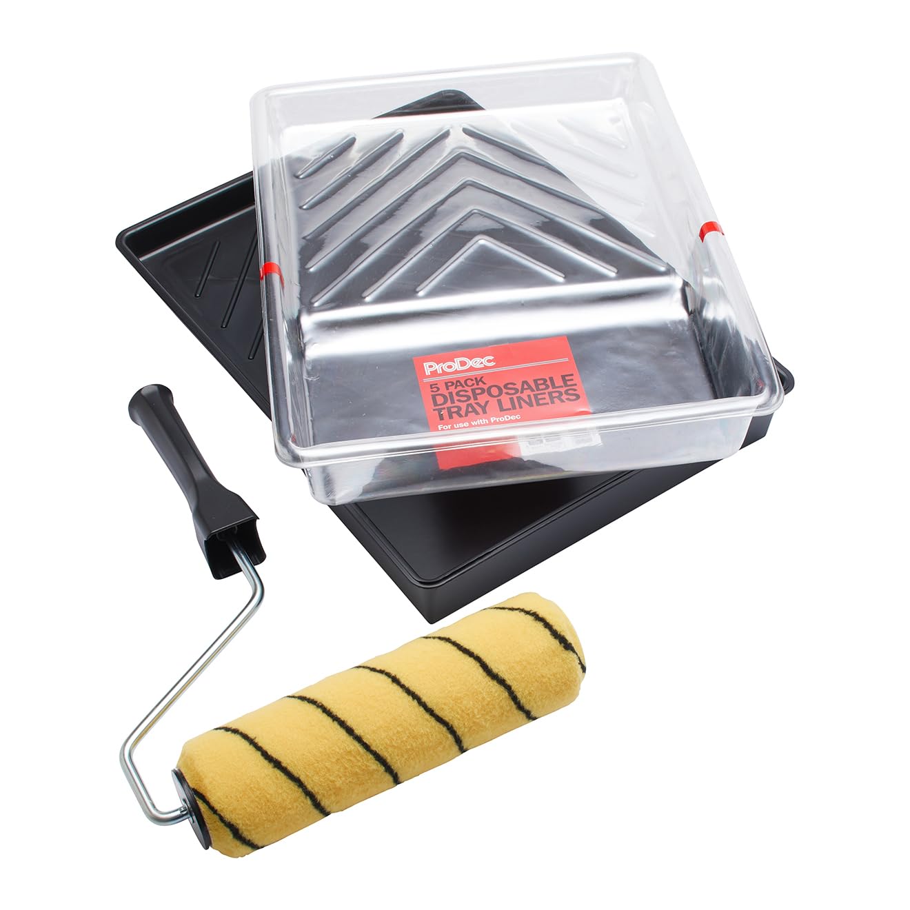 Prodec Black 9 Inch X 1.75" 3 Piece Medium Pile Woven Paint Roller, Cage Frame, Tray Plus 5 Tray Liners Set For Painting With Emulsion And Masonry Paints On Interior And Exterior Walls And Ceilings, 9"
