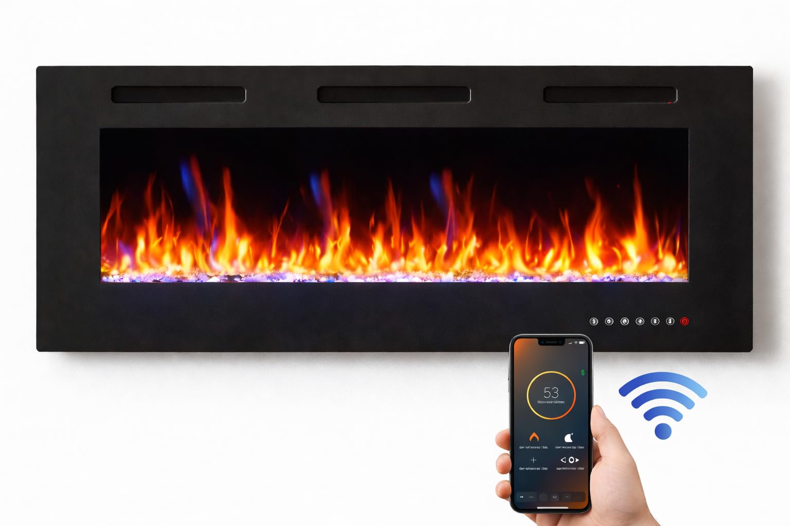 Chimenea Eléctrica de Pared Weka Fireplace WiFi Ultrafina 7,5 cm Vidrio Templado Sin Humo Control Remoto 750/1500W 13 Colores de Llama 107 cm