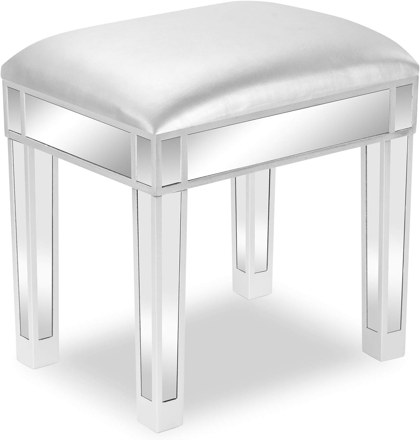 VINGLI Mirrored Vanity Stool with Storage, Faux Leather Ottoman, Makeup Dressing Table Bench, Silver