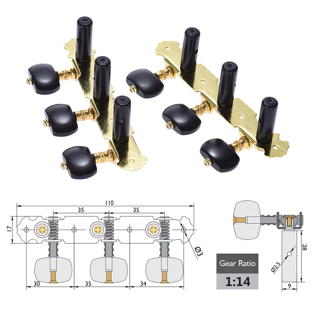 Btuty Clavijero para Guitarra,Acústica Clásicas Teclas de Ajuste de la Guitarra Cuerda Sintonizadores de las Clavijas 3 + 3 Cabezas de la Máquina (corto) Oro y Negro Plateado,2pcs (L & R)