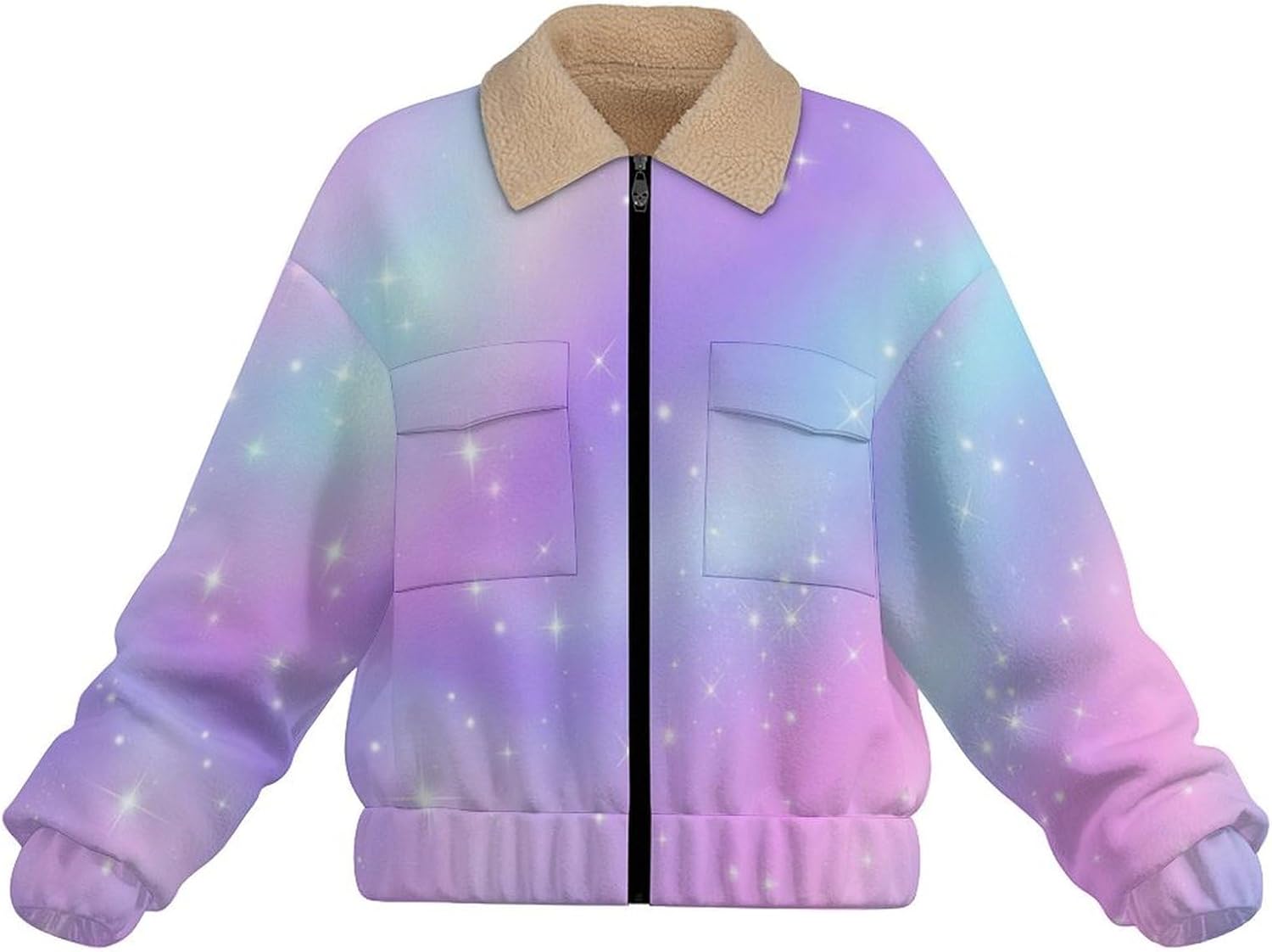 Women Winter Sherpa Lined Fleece Jacket, Long Sleeve Zip Up Sparkling Stars Fuzzy Coats Warm Soft Polar Outwear