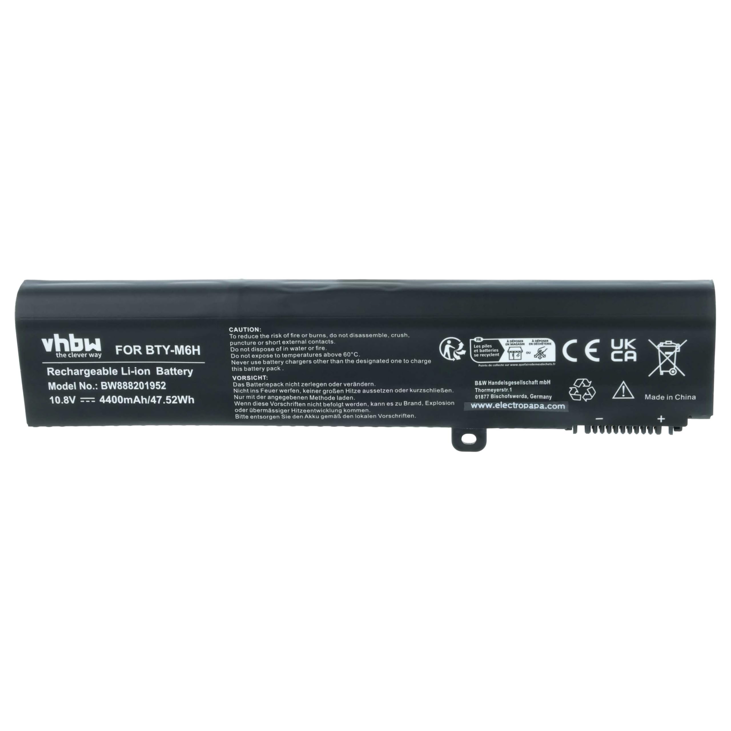 vhbw Akumulator zastępczy do MSI 3ICR19/66-2, BTY-M6H do notebooka (4400 mAh, 10,8 V, litowo-jonowy)