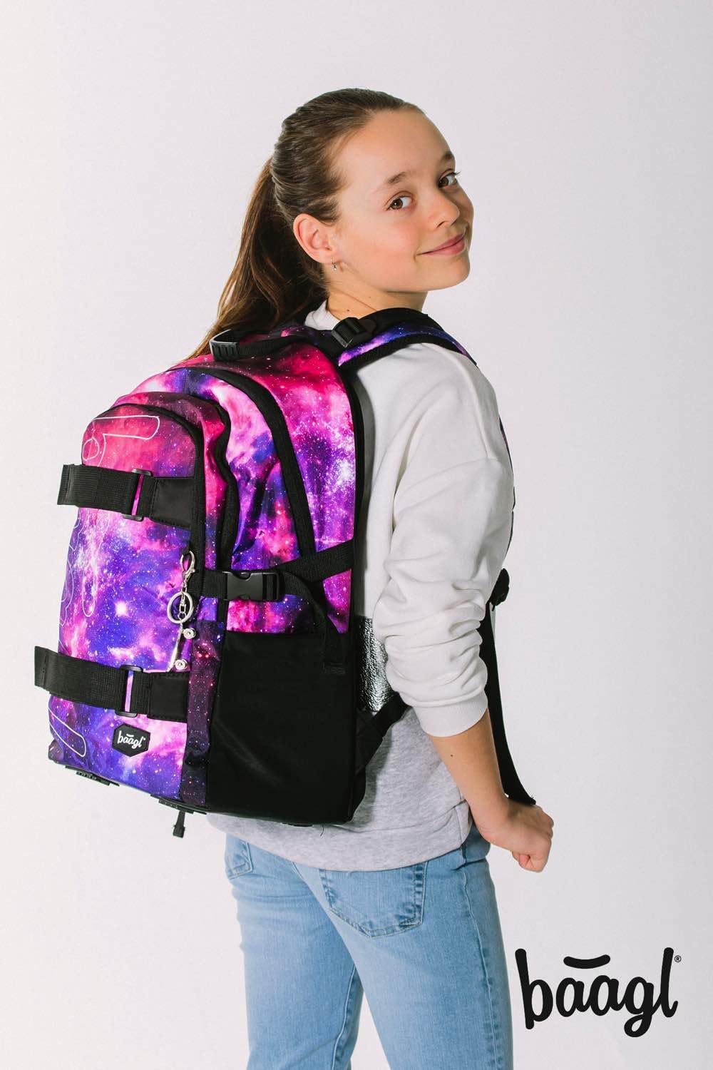 Baagl Juego De Mochila Escolar Para Niña, 3 Piezas, Mochila Escolar A Partir De 3ª Clase, Con Correa Para El Pecho, Ergonómica (Skate Galaxy)
