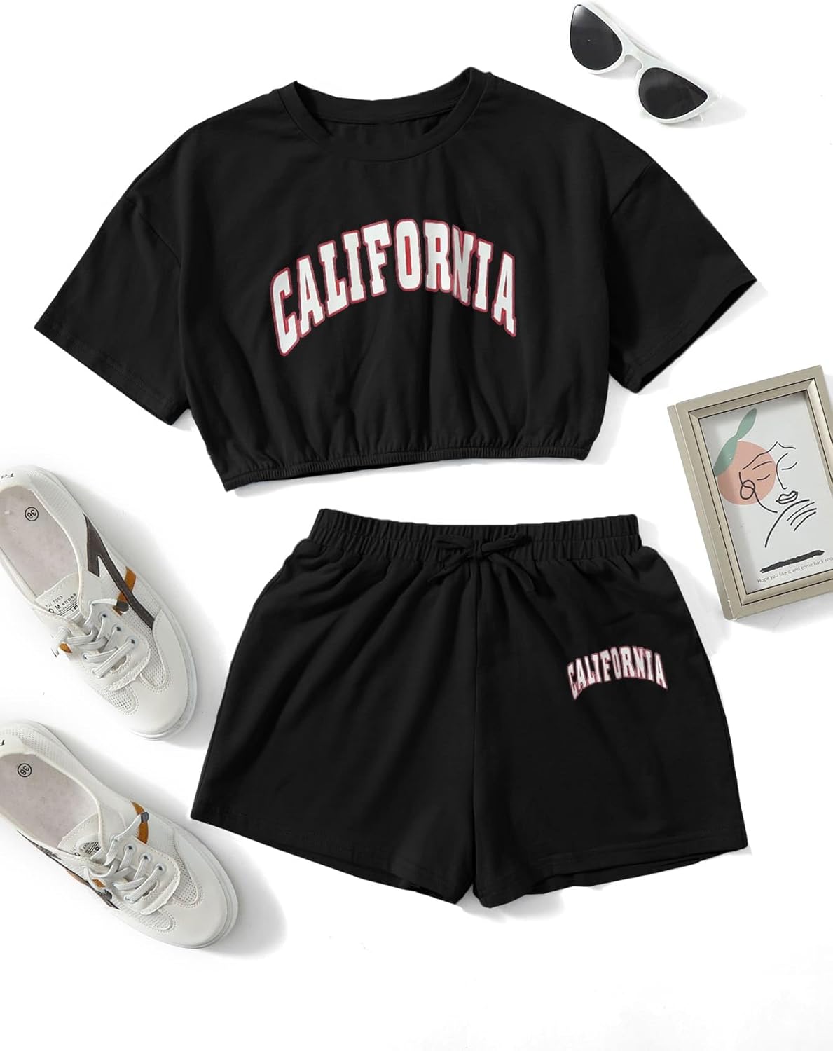 SHENHE Girl's Short Sleeve Letter Graphic 2Pcs Crop Top and Track Shorts Set - Image 5