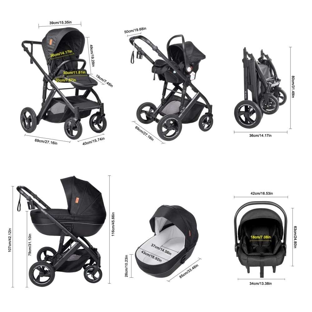 Passeggino 4 in 1 regolabile in altezza, Nero, Set completo
