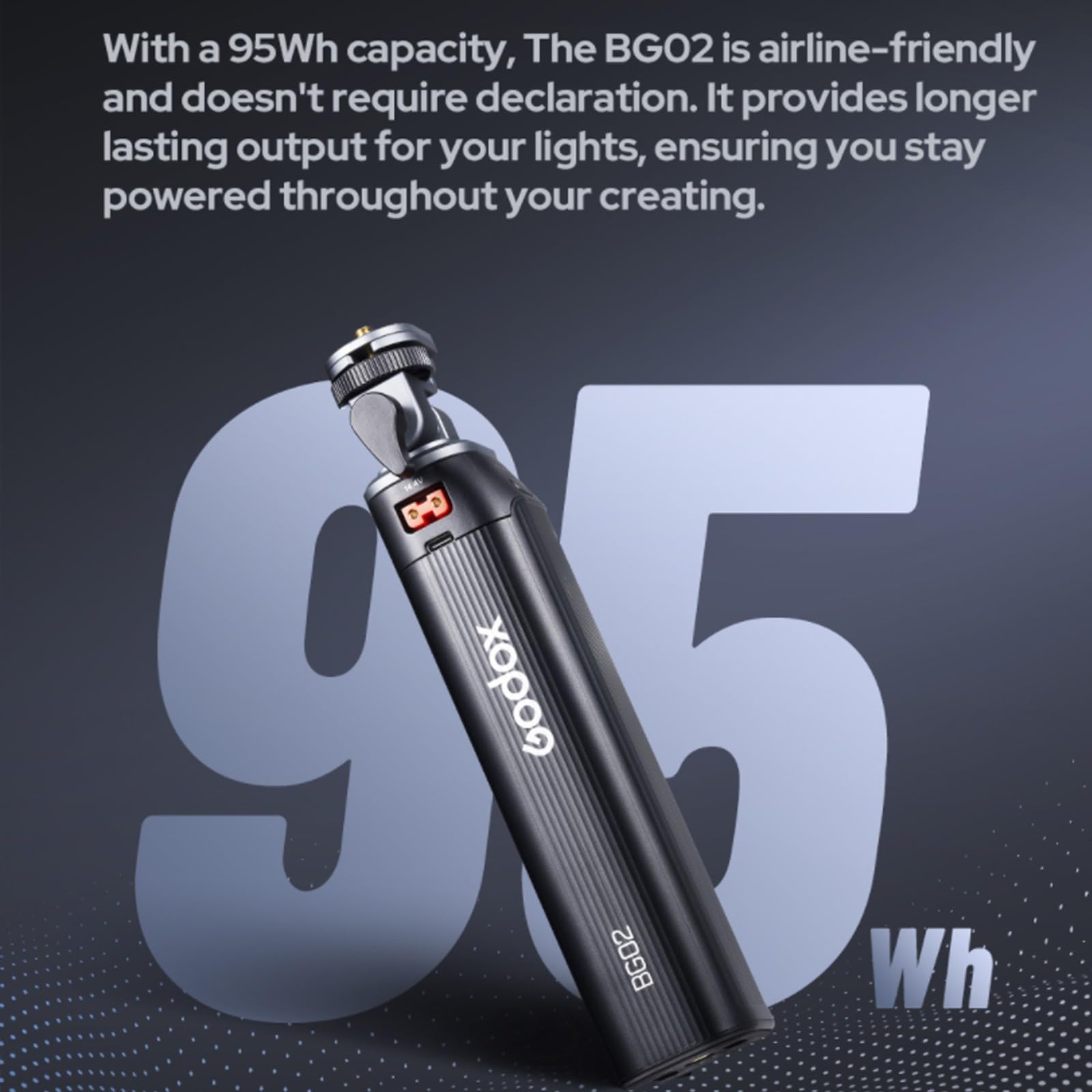 GODOX BG02 Poignée d'alimentation,Batterie Lithium 14.4V 6600mAh, avec D-Tap et Câble USB-C pour AD200 AD200Pro AD200ProII AD300 Pro Flash,pour ML100BI ML100R FH50Bi FH50R Lampe Vidéo LED