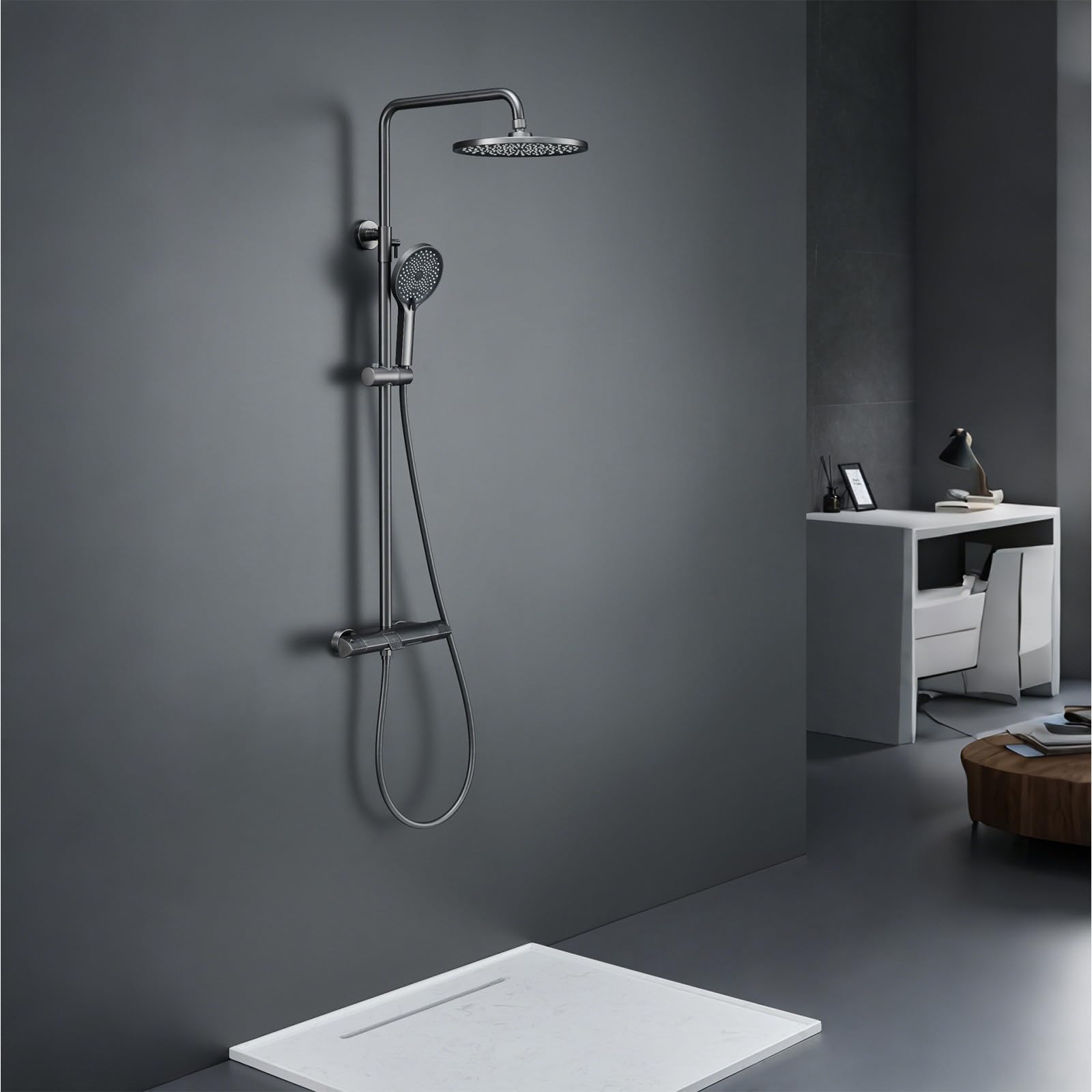Colonne de Douche Thermostatique, Système de Douche avec Douchette à 3 Modes, Ensemble de Douche avec Flexible 150cm PVC, Sortie d'eau Inférieure Caché, Hauteur et Angle réglables Kit Douche