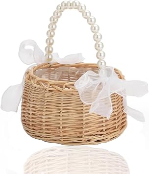 Wicker Rattan Flower Girl Basket for Wedding,Handwoven Pearl Handle Bow Fairy Wedding Flower Girl Baskets for Wedding Ceremony Home DecorC 1