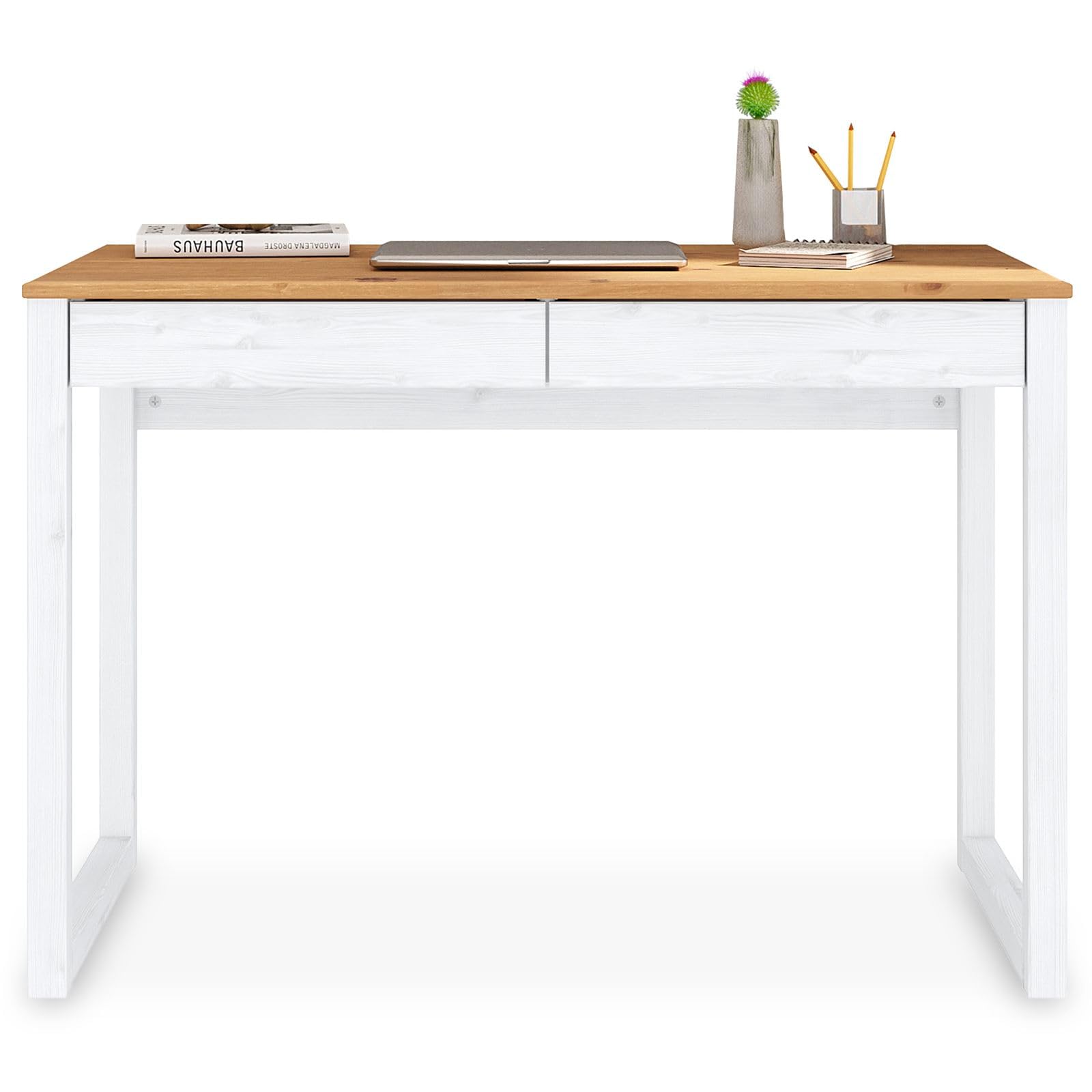 IDIMEX Escritorio NOAH con 2 cajones de madera maciza de roble y blanco. Escritorio resistente para ordenador, mueble de estudio, mesa de trabajo con espacio de almacenamiento, muebles de oficina