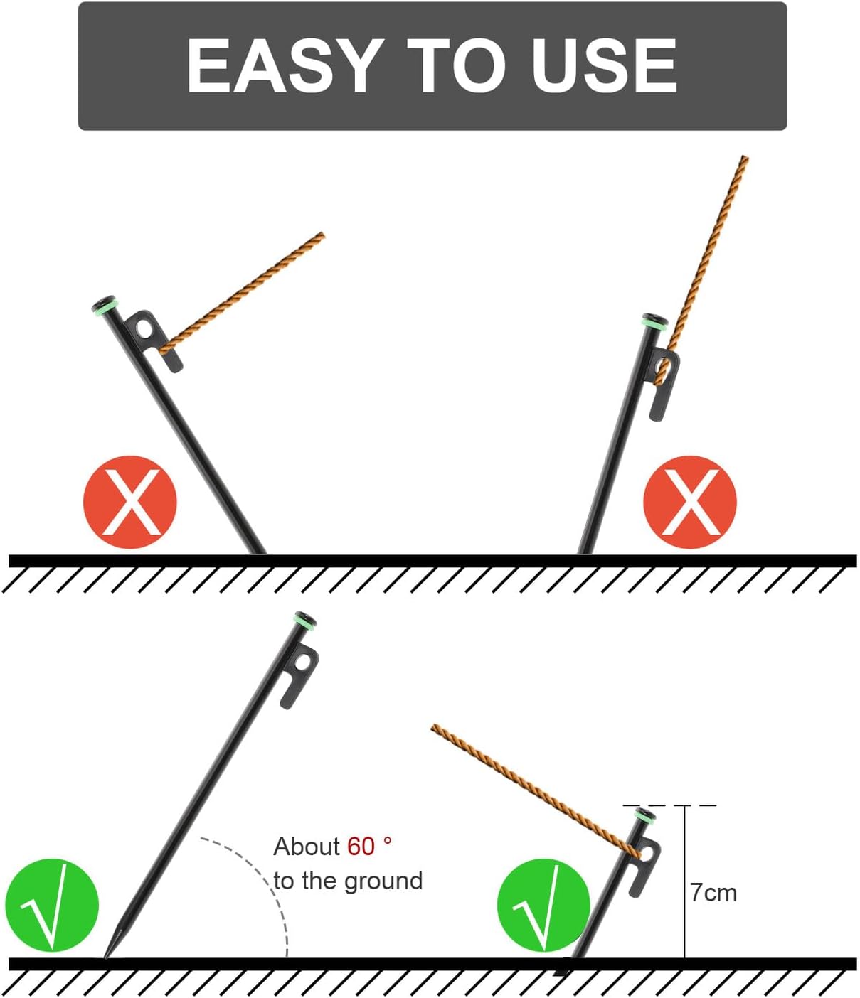 Outdoor Tent Stakes 25cm Metal Ground Stakes with Glow Ring 8pcs Steel Camping Ground Anchors for Beach Canopy Hiking Shelter with Storage Bag