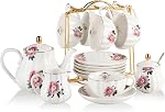 Sweejar Porcelain Tea Sets British Royal Series, 8 Oz Cups & Saucer Service for 6, with Teapot Sugar Bowl Cream Pitcher Teaspoons and Tea Strainer for Tea/Coffee (White)
