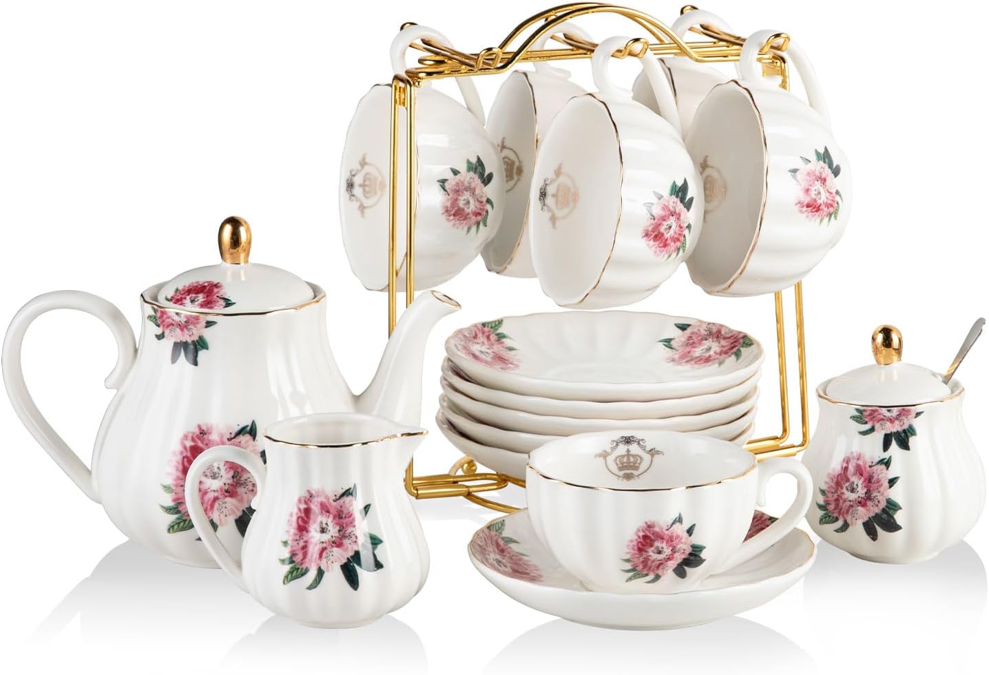 Sweejar Porcelain Tea Sets British Royal Series, 8 OZ Cups & Saucer Service for 6, with Teapot Sugar Bowl Cream Pitcher Teaspoons and Tea Strainer, Suitable for High Tea, Wedding, Party