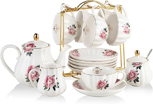 Miniatura 12 de Sweejar Juegos de Té de Porcelana Serie British Royal, Tazas y Platillos de 8 OZ para Servicio de 6, con Tetera Azucarero Jarra de Crema Cucharitas
