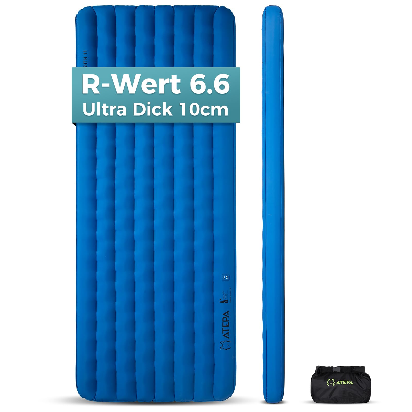 ATEPA ThermAir Pro Isomatte Ultraleicht für Camping & Backpacking, 6.6 R-Wert Isolierte Luftmatte mit 7 Kammern, Kompakte Camping Matte mit Tragetasche, Extra Groß & Breit (197x65 cm)
