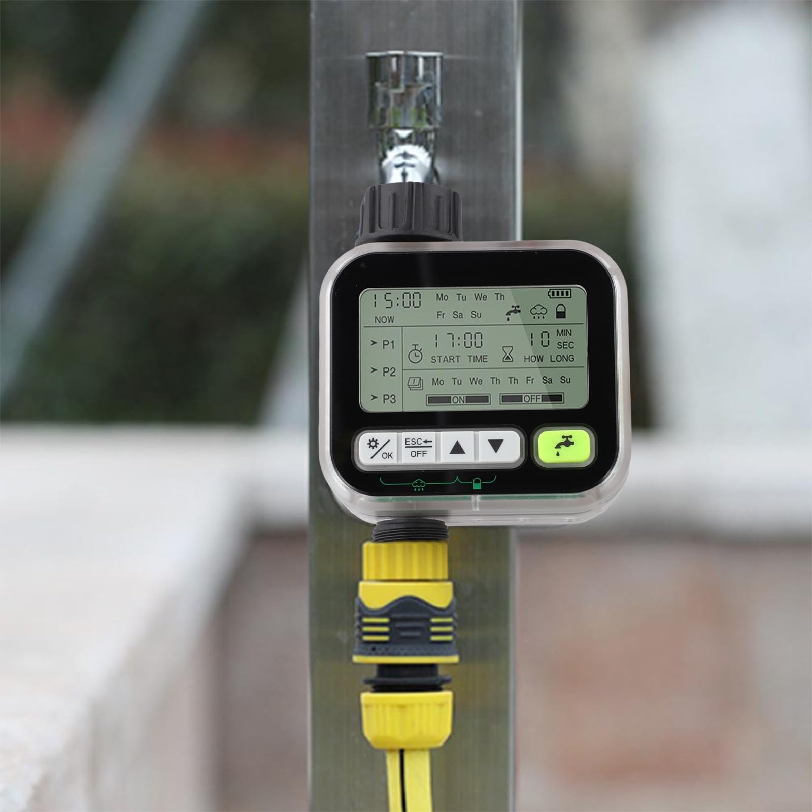 Rain Adaptive Hose Timer Specchio Display LCD Controller di irrigazione intelligente Blocco bambini Sensore pioggia IPX5 Programma di irrigazione flessibile Facile da usare Nero Trasparente 10,5 x 16
