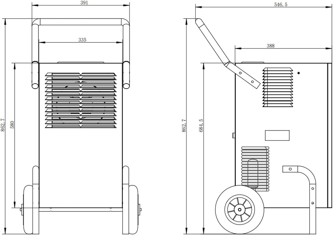 Technical drawing showing the dimensions of the EBERTH Dehumidifier in centimeters.