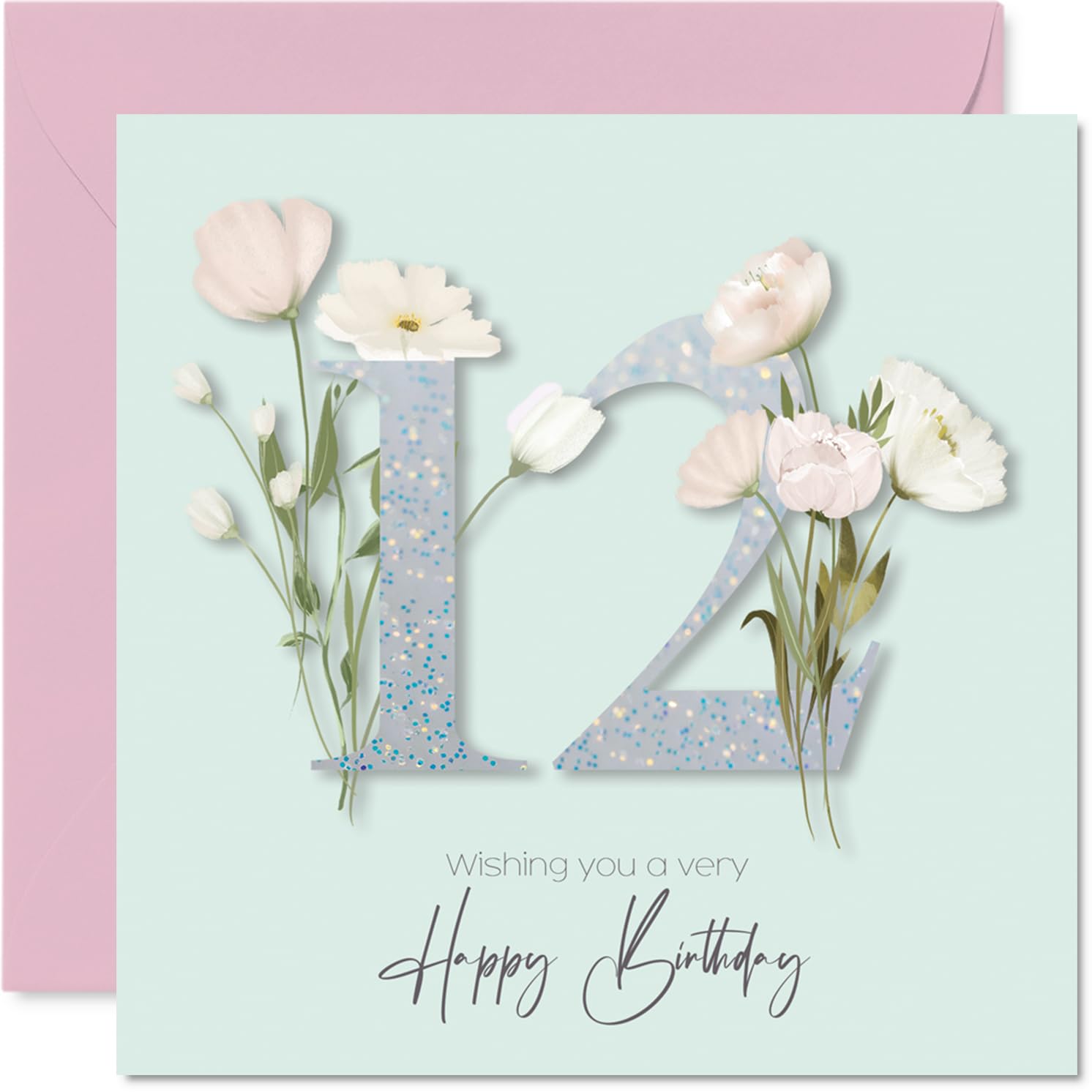 12th Birthday Cards for Girls - Fancy Floral Flowers - Happy Birthday Card for 12 Year Old Girl Granddaughter Goddaughter Sister Cousin, 145mm Bday Greeting Cards
