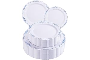 DaYammi 60Pcs White and Blue Plastic Disposable Plates