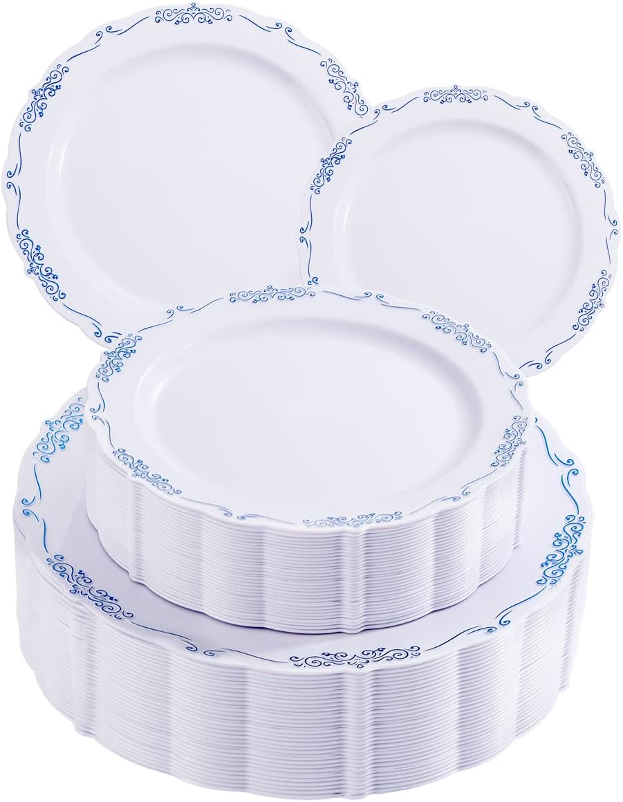 DaYammi 60PCS Blue and White Plastic Plates Blue Rim White Disposable Plates Blue White Party Platos Include:30 Plastic Dinner Plates 30 Dessert Platos and Wedding D Blue 60pcs Dessert and Dinner