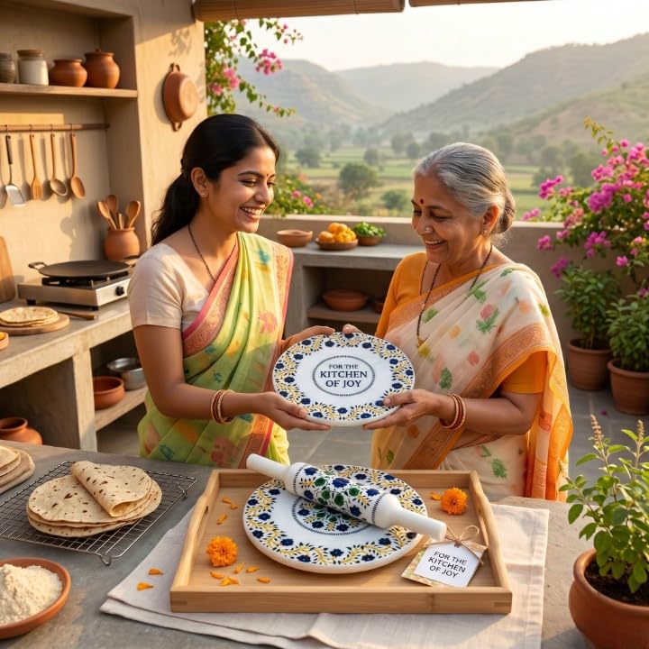 Image of Modern Floral Design Marble Chakla Wooden Belan | Printed 10 Inch Enamel Roti Maker with Belan | Heavy Duty Non-Slip Chakla for Roti, Chapati, Paratha |Kitchen Rolling Board (1 Set) (5.Flower Bell)