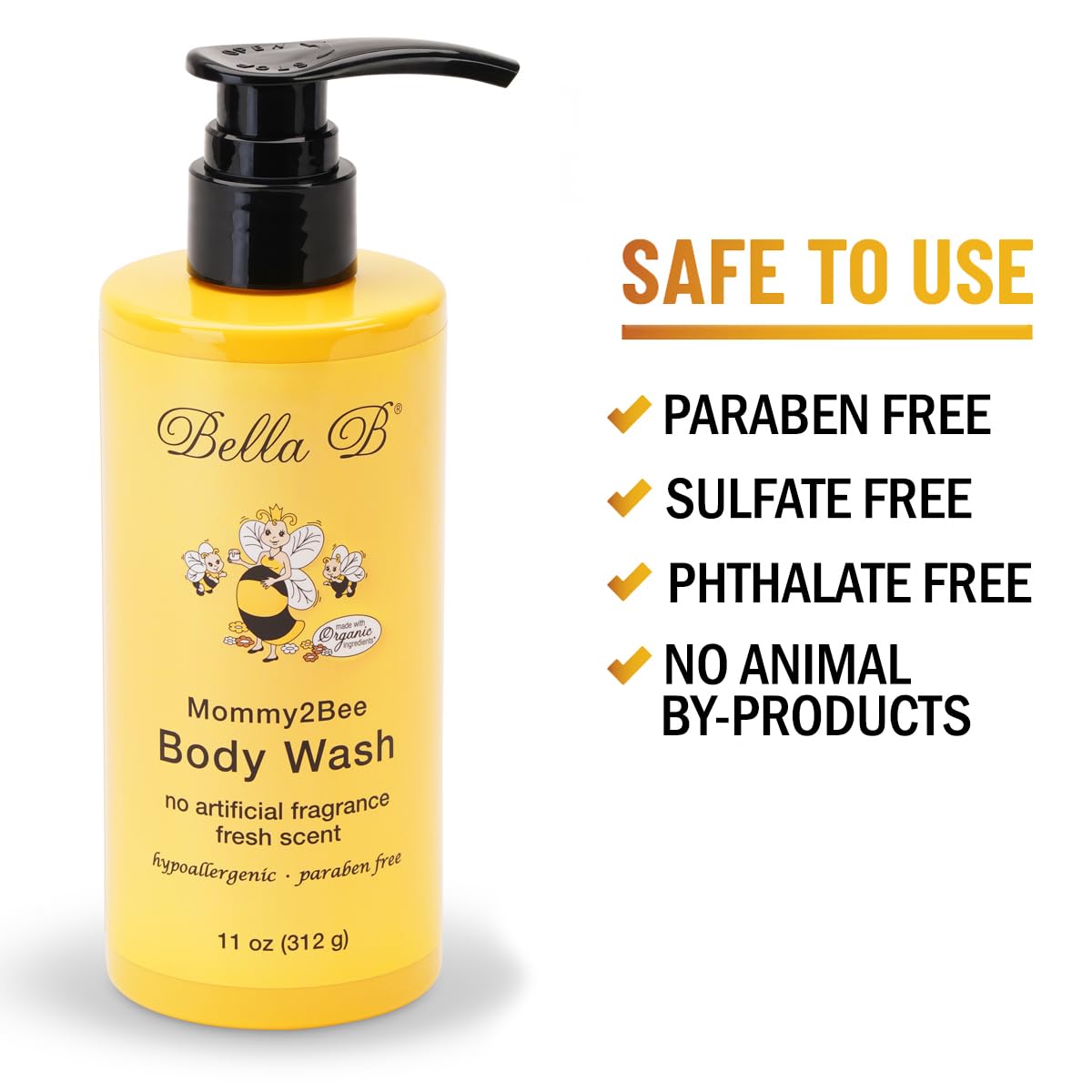 Bella B Mommy2Bee Body Wash 11oz | Pregnancy Safe Women Body Wash | Luxurious Lather Made with Natural & Organic Ingredients | No Artificial Fragrance, Paraben & Sulfate Free | All Skin Types