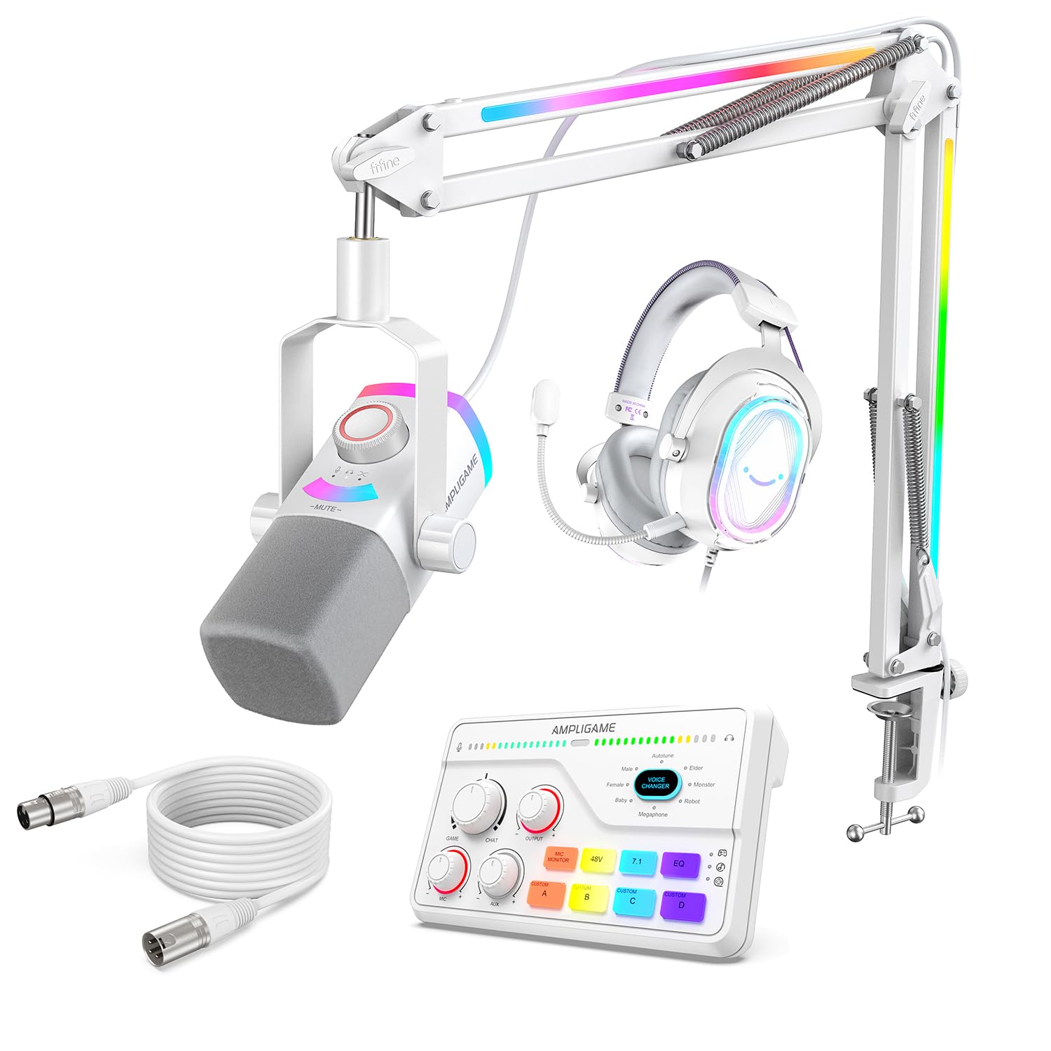 FIFINE All-in-one Audio Streaming Set, XLR/USB Microphone with RGB Boom Arm Stand & Male to Female XLR Cable,Audio Mixer with TV Compatible, and 7.1 Surround Sound Headset-AM8PROTW+SC8W+H13WP+L9W