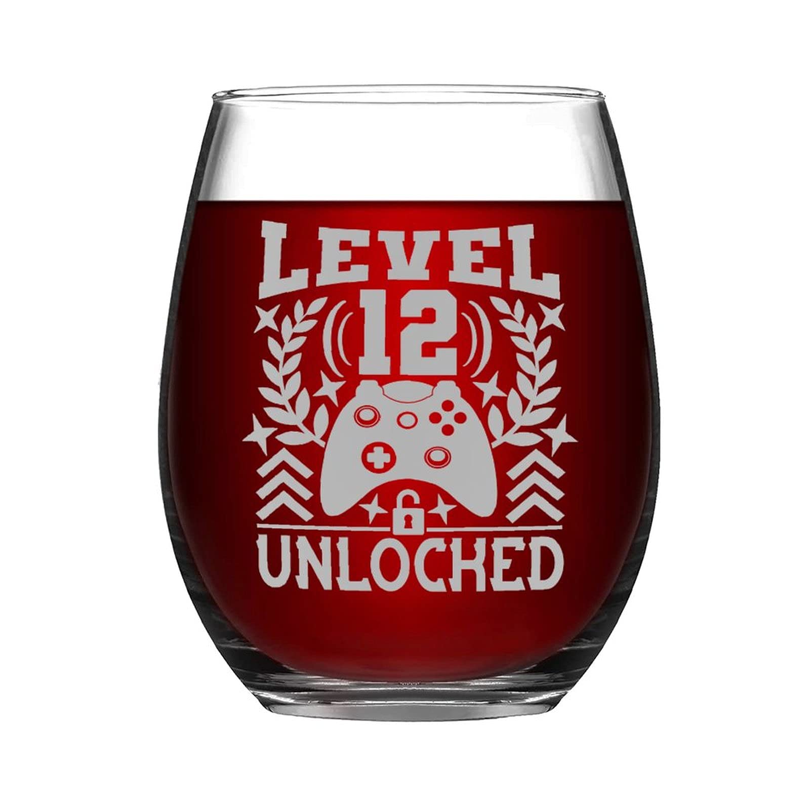 Level 12 Unloched 12th Birthday Gamer 12 Years Old Video Game Controller Funny Stemless Wine Glass Laser Engraved Whiskey Glass Shot Glass Unique Novelty Idea for Him, Her ,15 oz