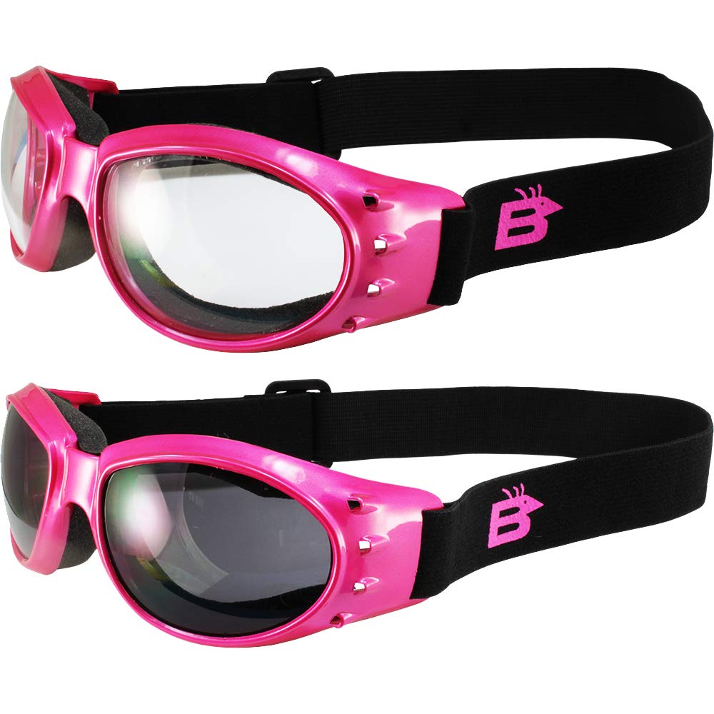 Birdz2 Pairs of Birdz Eyewear Eagle Padded Womens Motorcycle Goggles Pink Frame Clear + Smoke Lenses
