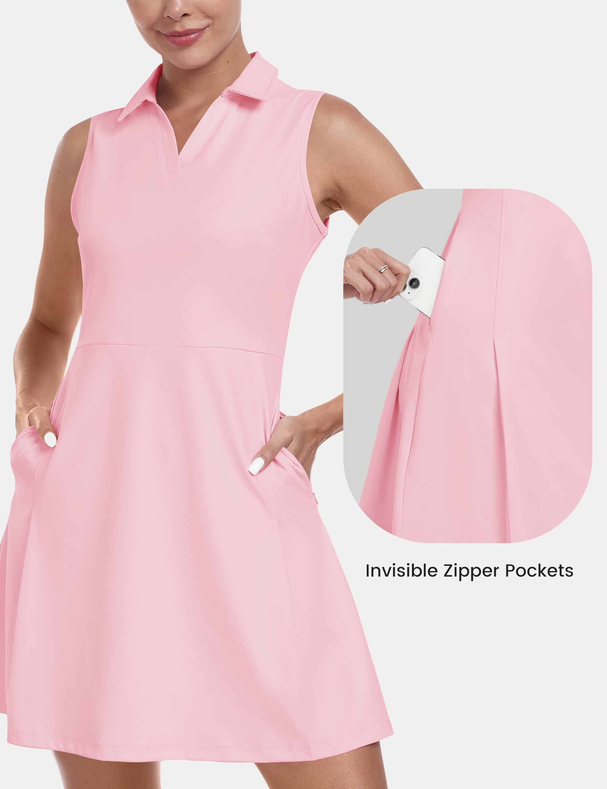 MoFiz Mujer Vestido de Tenis sin Mangas con Pantalones Cortos Verano Vestido de Polo Cuello en V Deportivo Golf Dress con Bolsillos