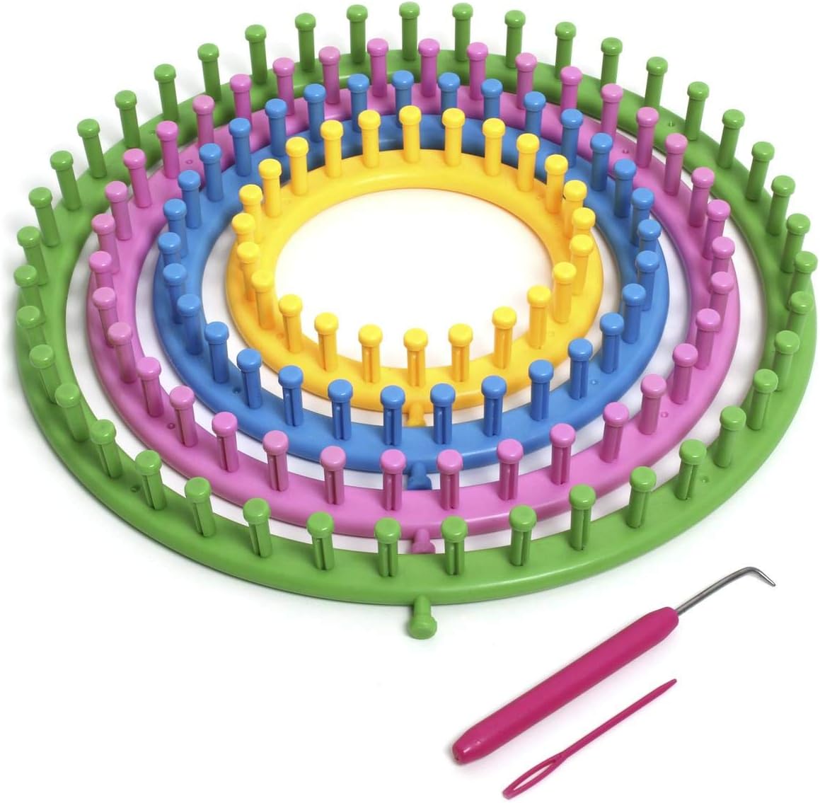 igadgitz home U6988 - Circular Knitting Loom, Wool Weaving Kit (4 Sizes - 14 cm | 19 cm | 24 cm | 29 cm) with Knitting Needle and Hook, Multicoloured