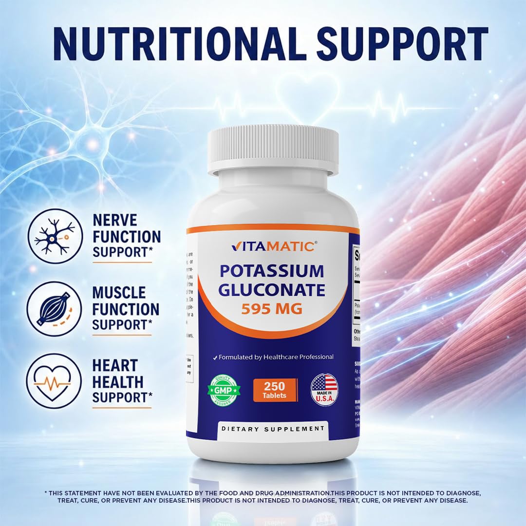 Vitamatic Potassium Gluconate 595 mg – Supports Heart, Muscle & Electrolyte Balance – 250 Tablets – Non-GMO, Made in USA — Amazon image 7