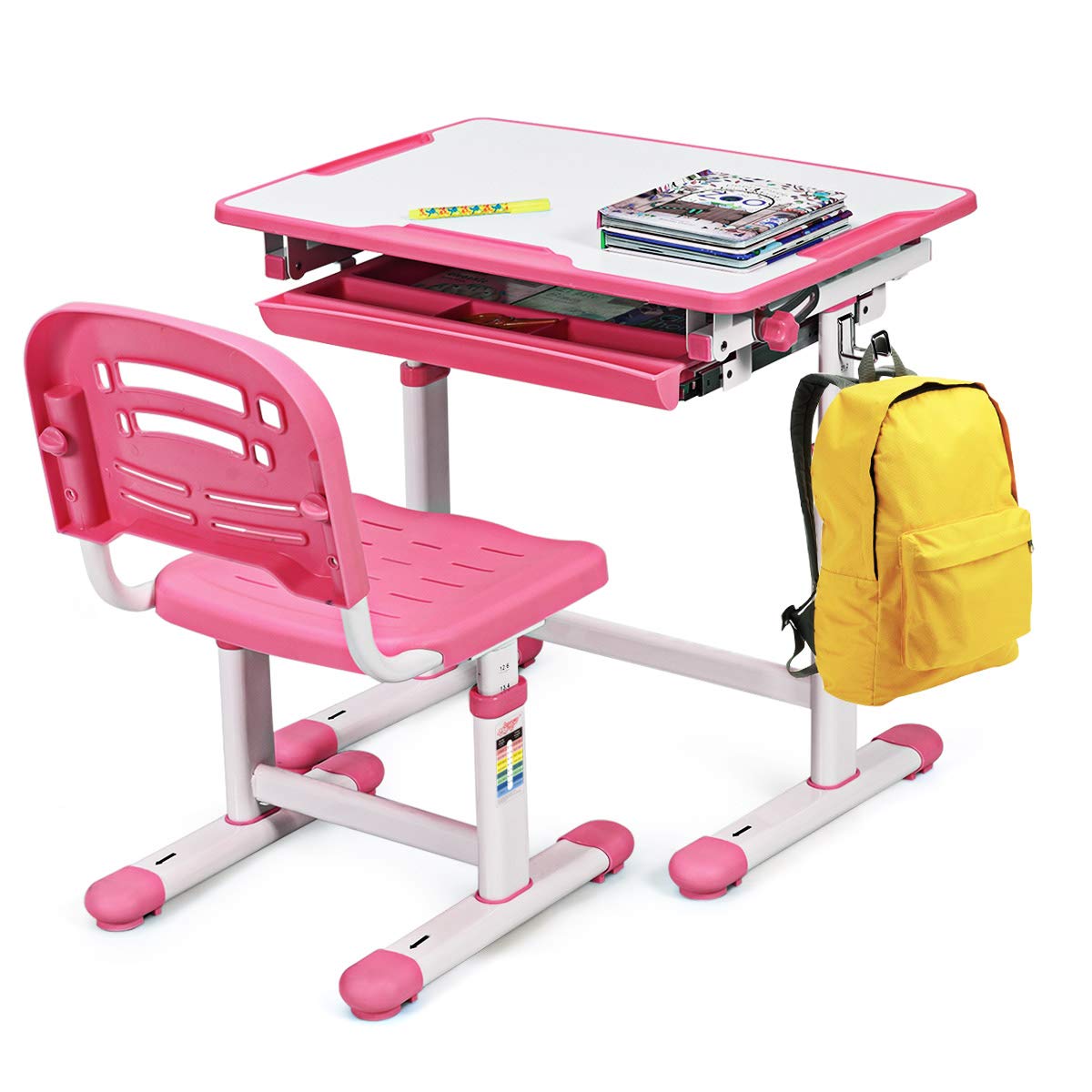 COSTWAY Set Sedia e Scrivania per Bambini Altezza e Angolo Regolabile e Multifunzionale Confortevole Apprendimento Colori Disponibili: Blu/grigio/rosa (ROSA)