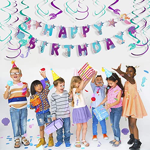 Image of SUNBEAUTY Mermaid Happy Birthday Banner Little Mermaid Theme Birthday Decorations for Girls Ocean Theme Party Supplies for Baby Shower | Pre-Strung