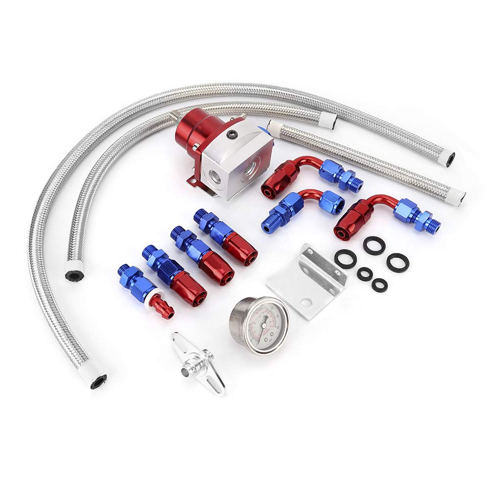 KIMISS Regolatore di pressione carburante universale regolabile per auto, kit manometro per carburante in acciaio inox 304 con manometro 100PSI(rosso + argento)=regolatore pressione benzina