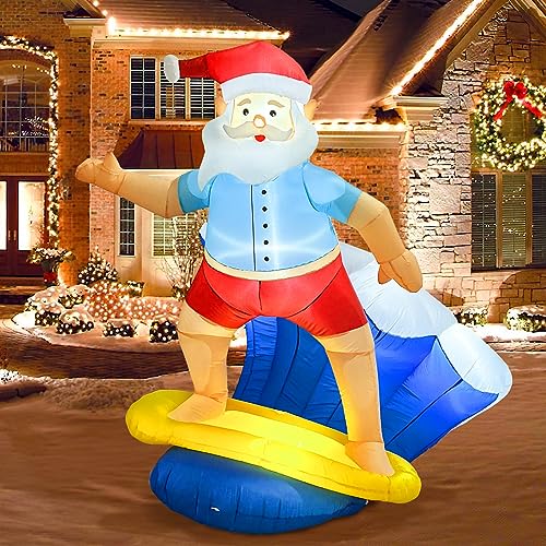 Fayavoo 6FT Christmas Inflatables Outdoor Decorations, Surfing Santa Claus Inflatable with LED Lights, Blow Up Yard Decorations for Indoor Garden Lawn Decor Blue S-CQ-CLLR-US-1