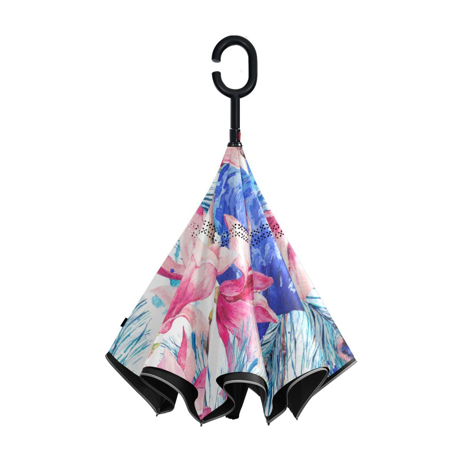 MNSRUU Doble capa invertida azul pavo real rosa magnolia flor paraguas coches inversa viento paraguas lluvia para coche al aire libre con mango en forma de C protección UV viento, Pink, L