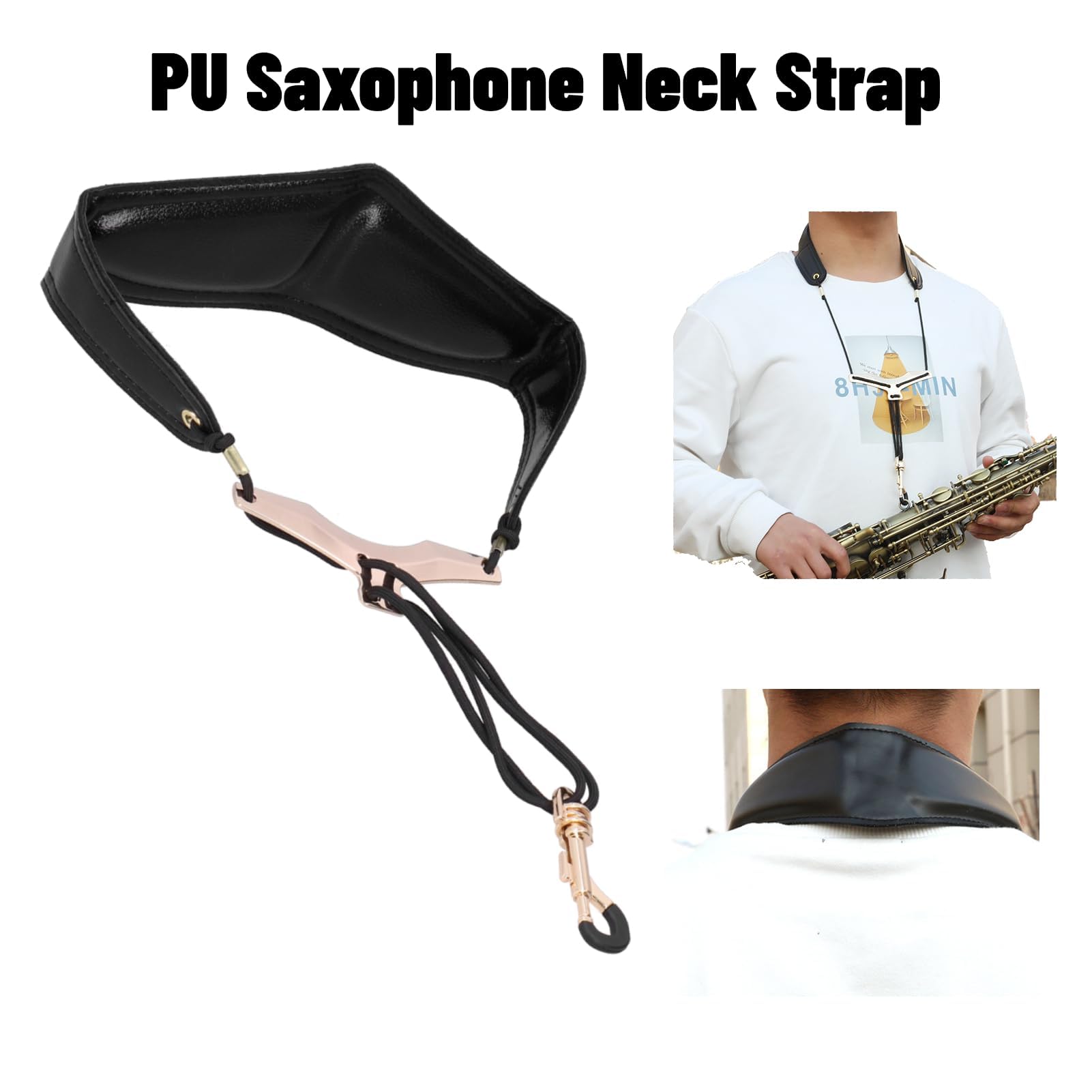 Saksofonowy Pasek na Szyję Regulowany Sax PU Skórzany Pasek na Ramię z Ochronnym Metalowym Przyciskiem Obrotowym do Saksofonu Tenorowego Sopranowego
