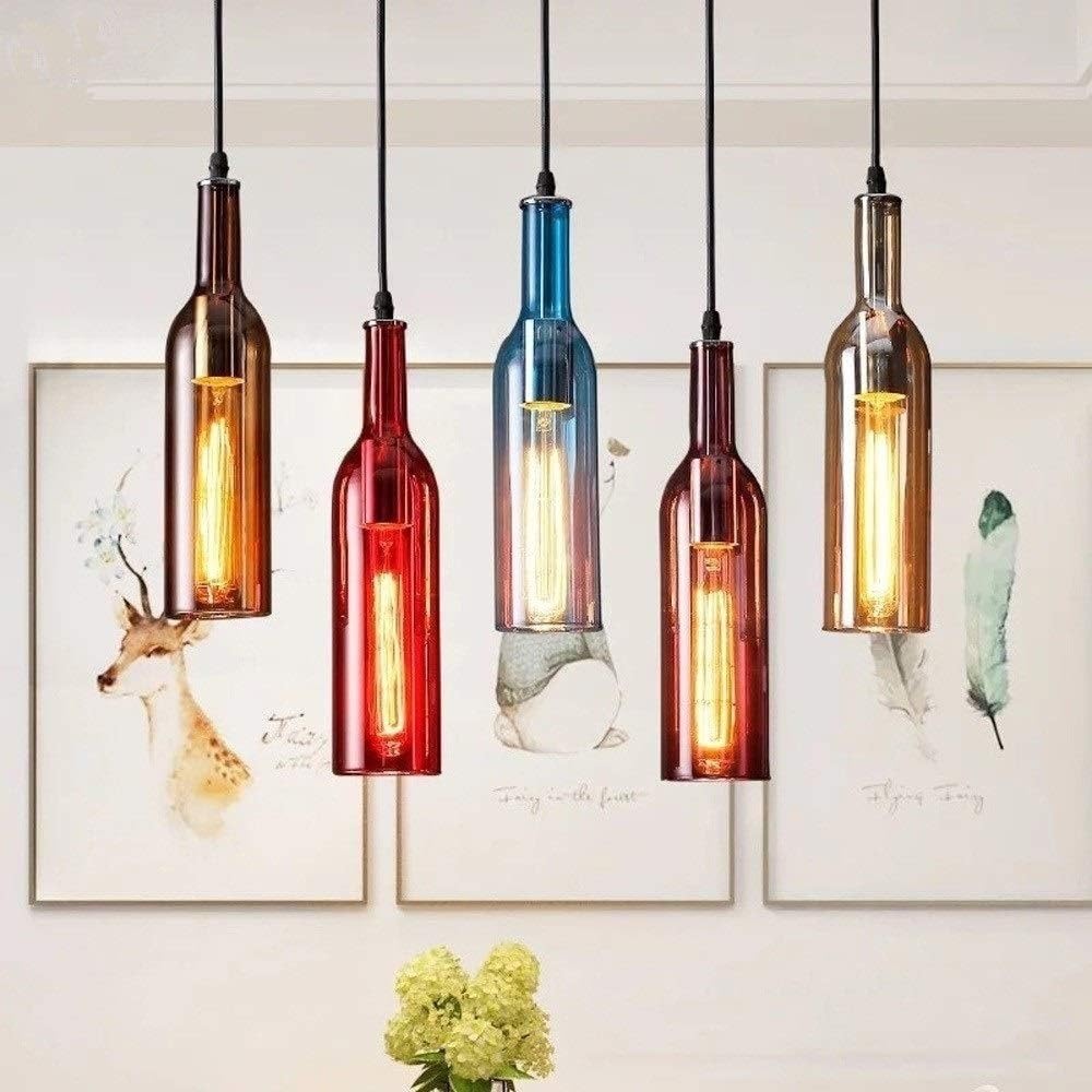 BLOOHK 5-Light Colored Glass Wine Bottle Pendant Light, Vintage Chandelier