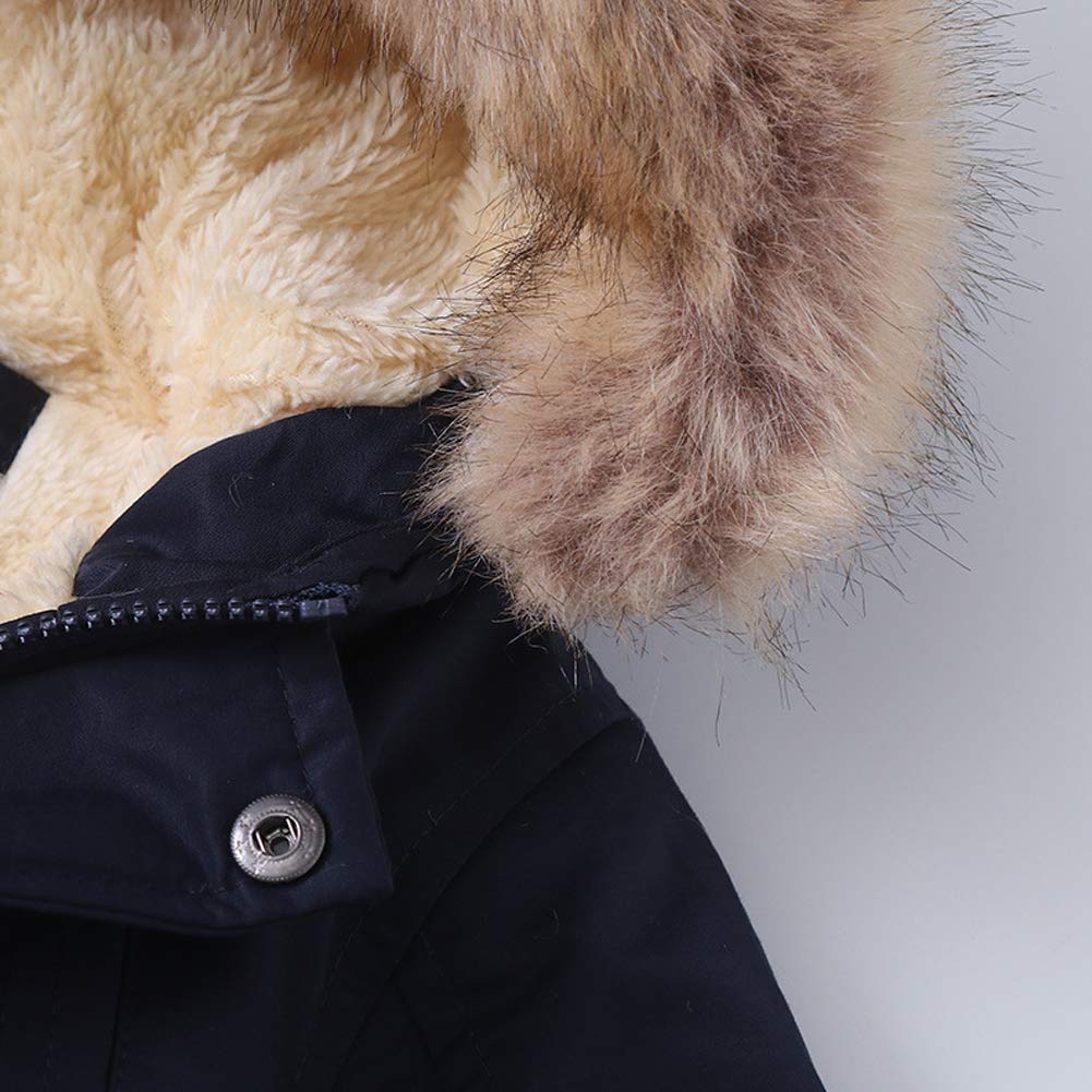 Cazadora Chaqueta de invierno para niños, resistente al viento, con capucha, de forro polar grueso, para exteriores, de algodón, cuello de piel, monocolor, azul marino, 152/158 cm