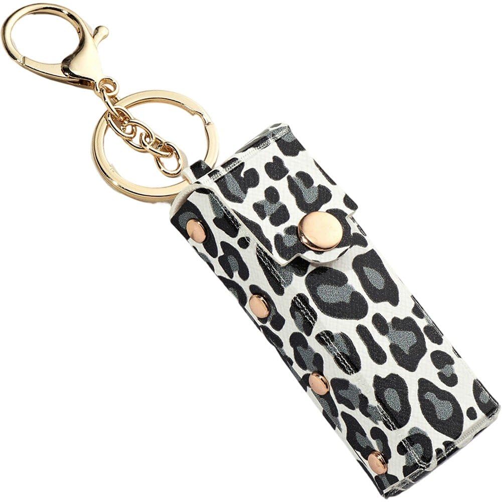 Danlai Pu Leather Leopard Lipstick Pouch, Portable Chapstick Holder Keychain for Purse and Daily Item Storage