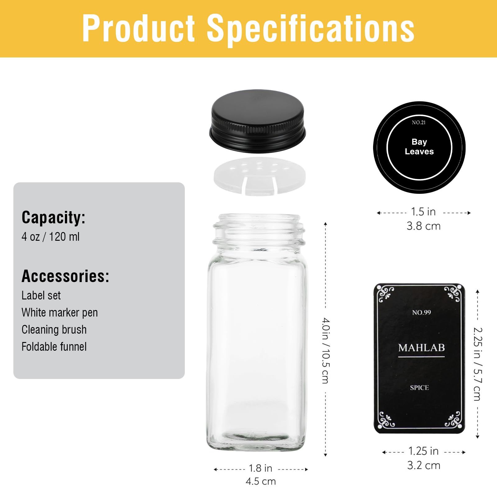 Set 24 Barattoli per Spezie – Contenitori in Vetro 120 ml con Coperchi e Dosatori – Barattoli Ermetici con Etichette, Pennarello, Imbuto, Spazzola – Organizer Cucina per Pepe, Erbe, Sale e Peperoncino